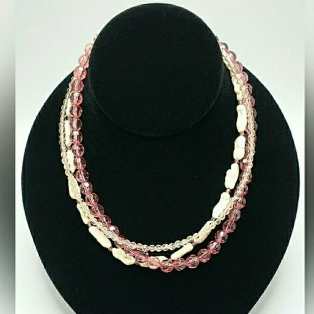 90s Vintage Circle Necklace Layered Light Round Dark Faceted Pink Beaded MN58